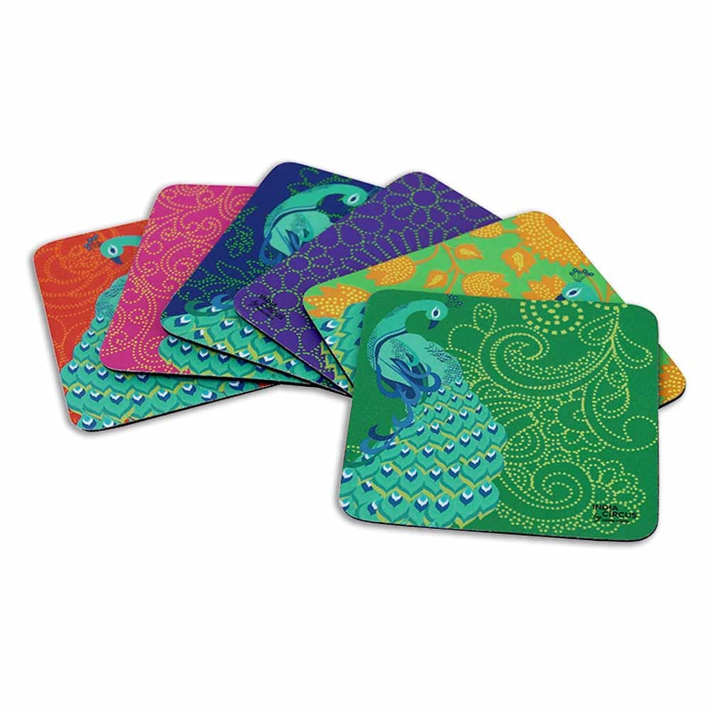 Floral Peacock Dance Rubber coasters - (Set of 6)