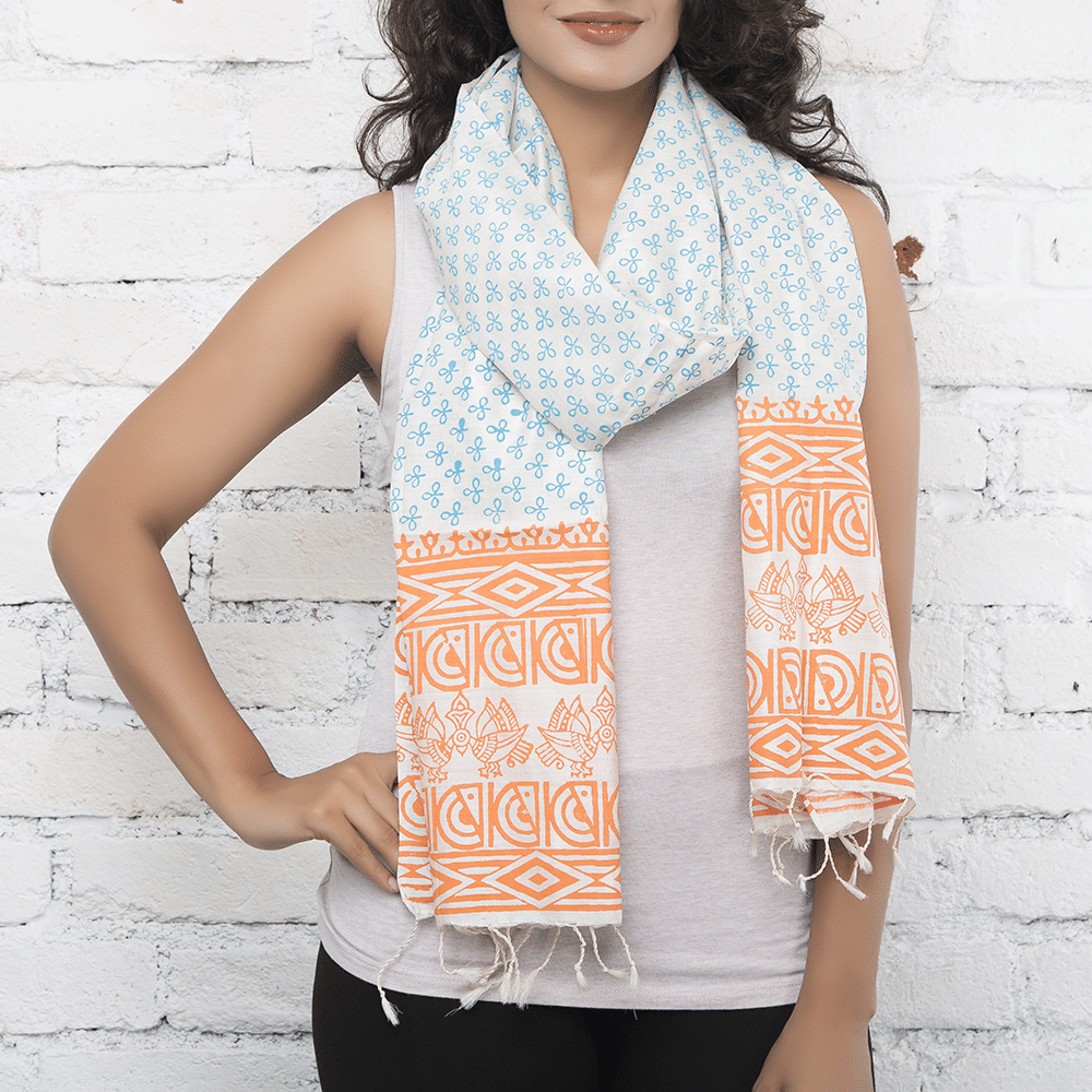 Orange  Tussar  SilkHandblock printed Stole