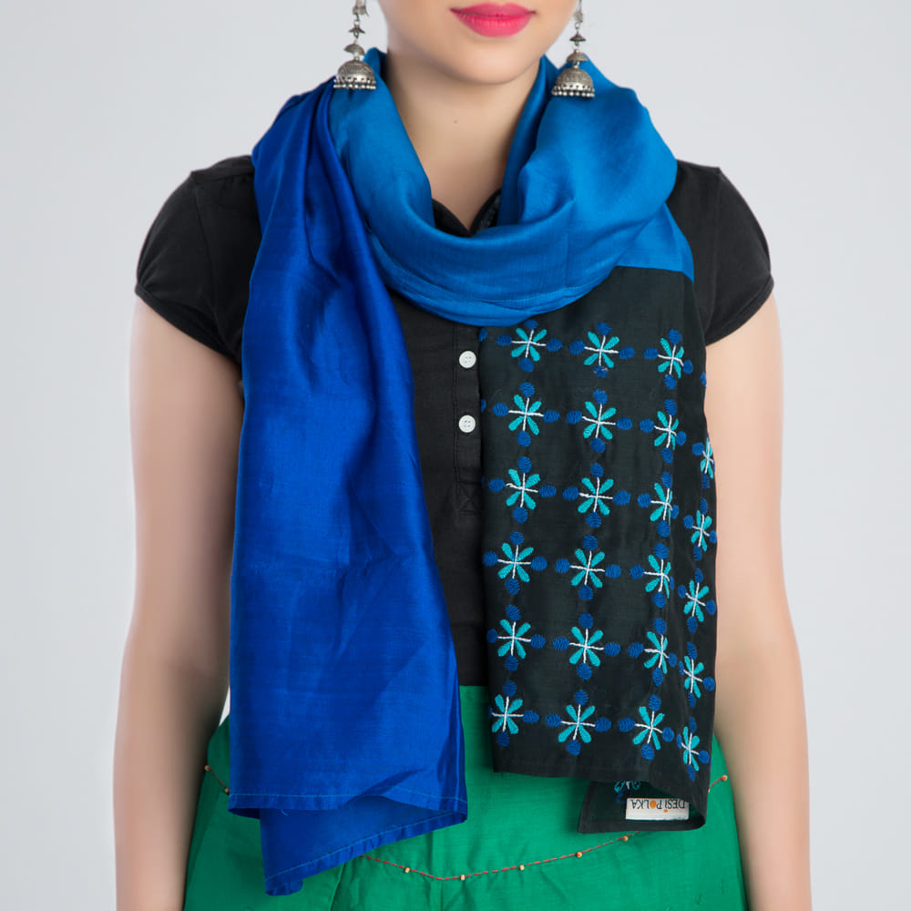 Blue Black Embroidered Silk Stole