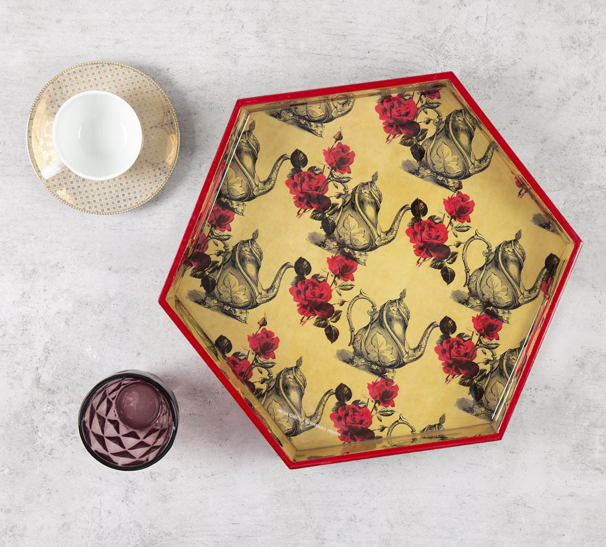 Beige Mystic Rose Kettles Hexagon Serving Tray