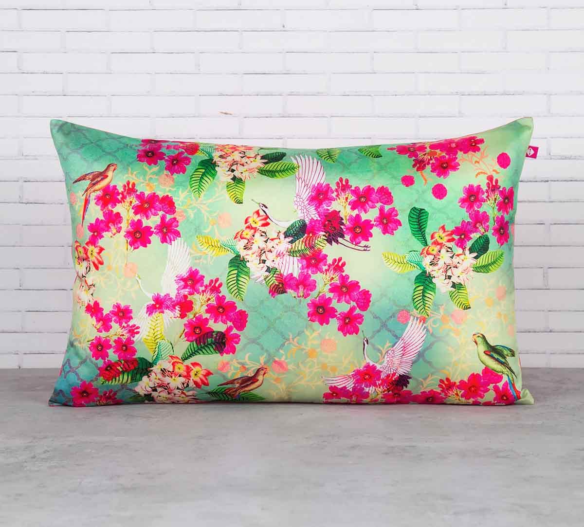 Birds Floral Paradise 20" x 12" Blended Taf Silk Cushion Cover