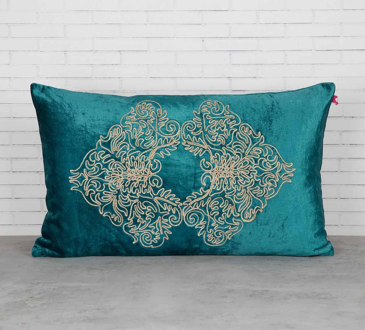 Bloom Integration Peacock Green Embroidered Velvet Cushion Cover