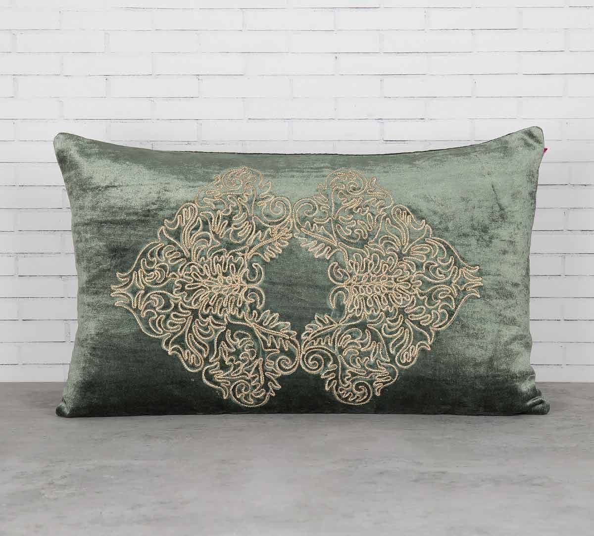 Bloom Integration Siege Green Embroidered Velvet Cushion Cover