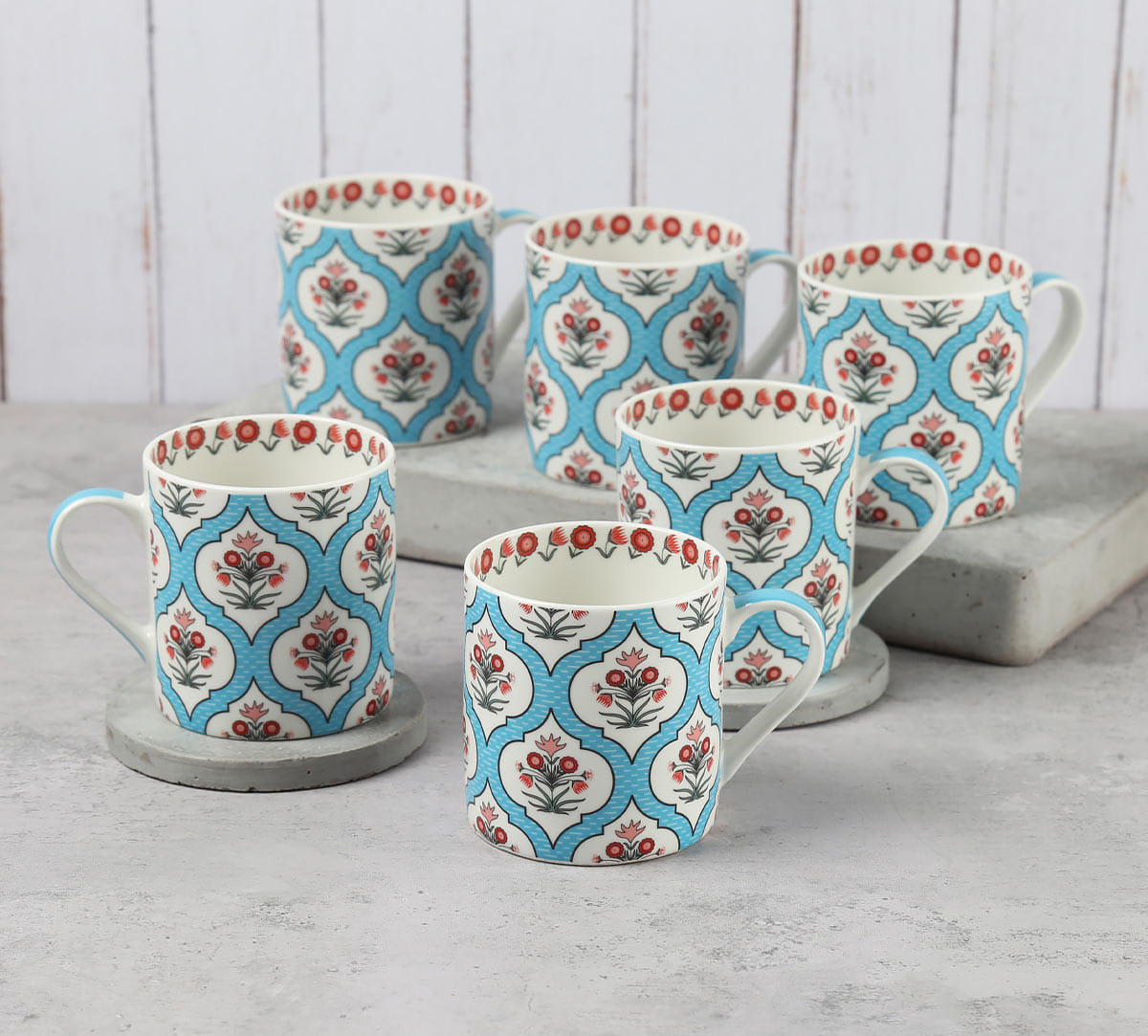 Blue Lattice Motifs Coffee Mugs Set of 6