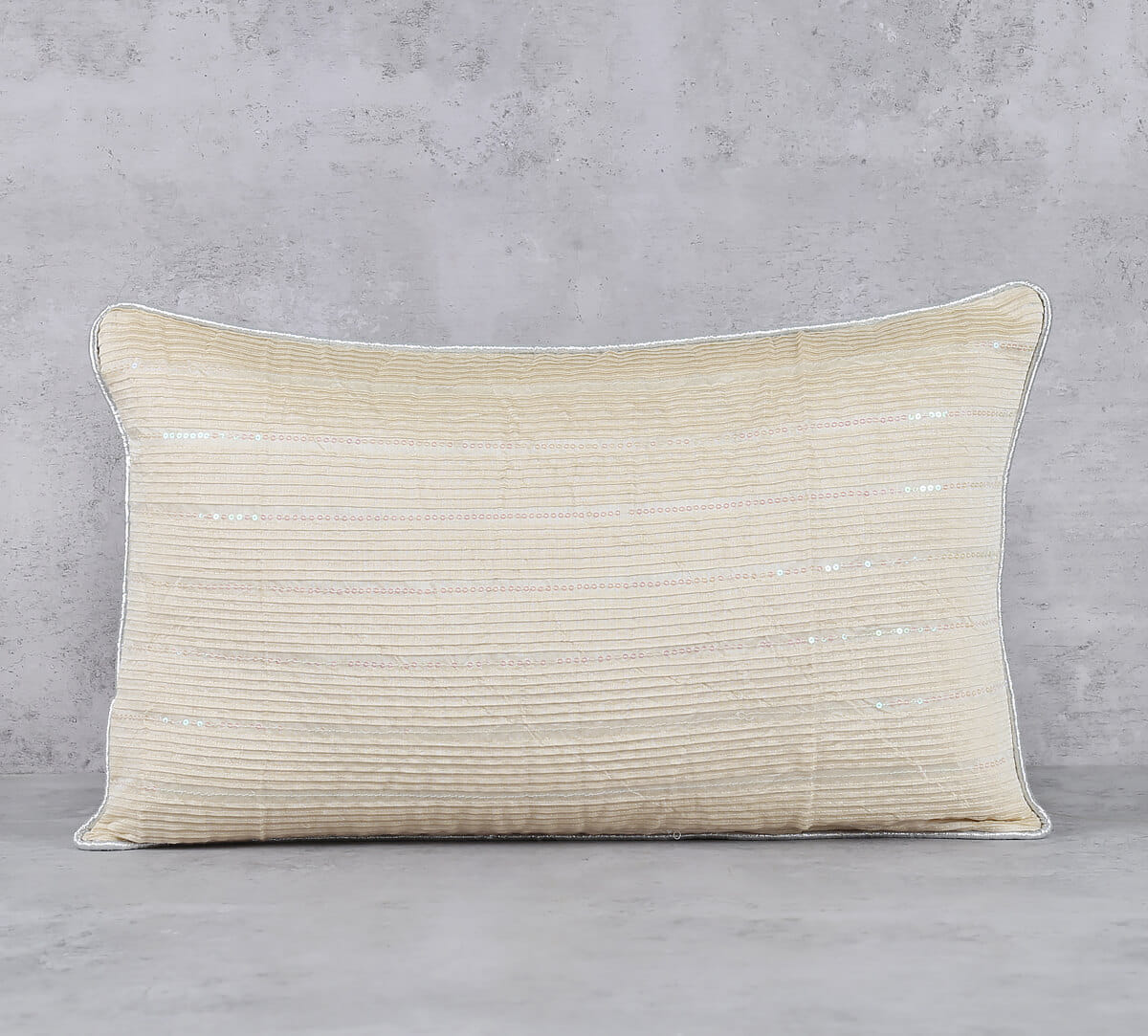 Beige Gold Chanderi Sequins Work Cushion Cover