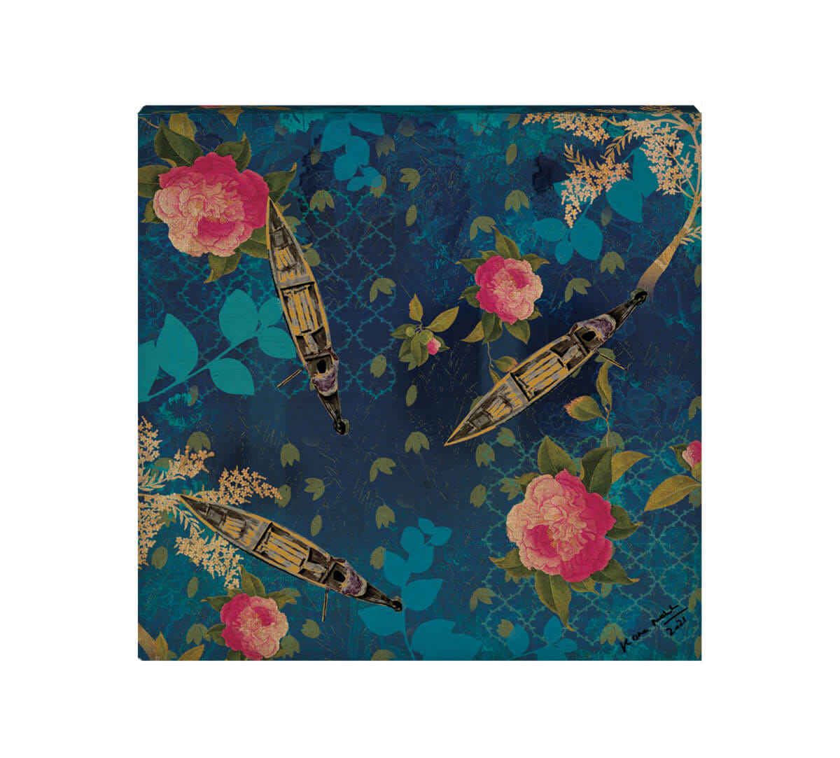 Blue Floral Lake Inception Canvas Wall Art