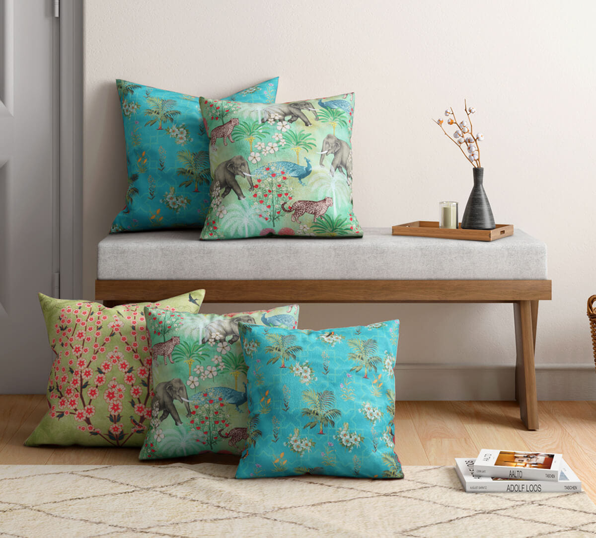 Bougainvillea Delights Blended Velvet Cushion Cover Set of 5