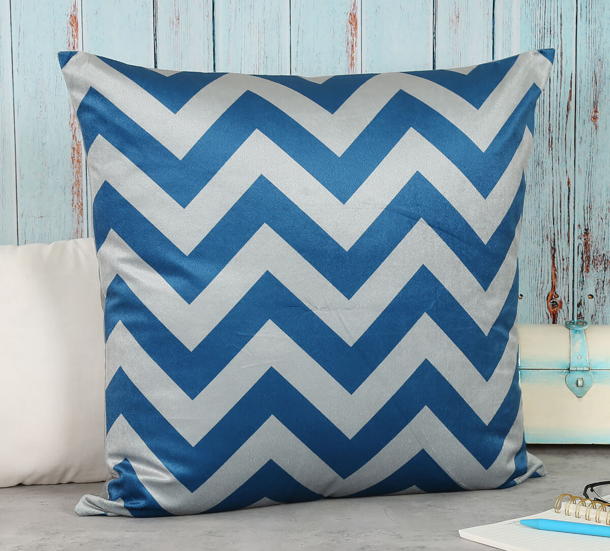 Cerulean Chevron Blended Velvet Cushion Cover