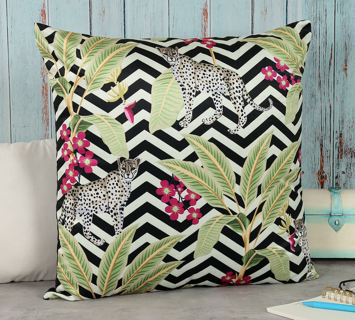 Cheetah in Chevron Blended Velvet Cushion Cover