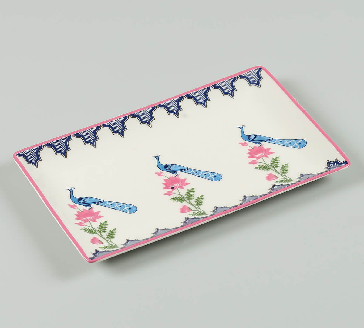 Chevron Perching Peacock Small Rectangle Platter