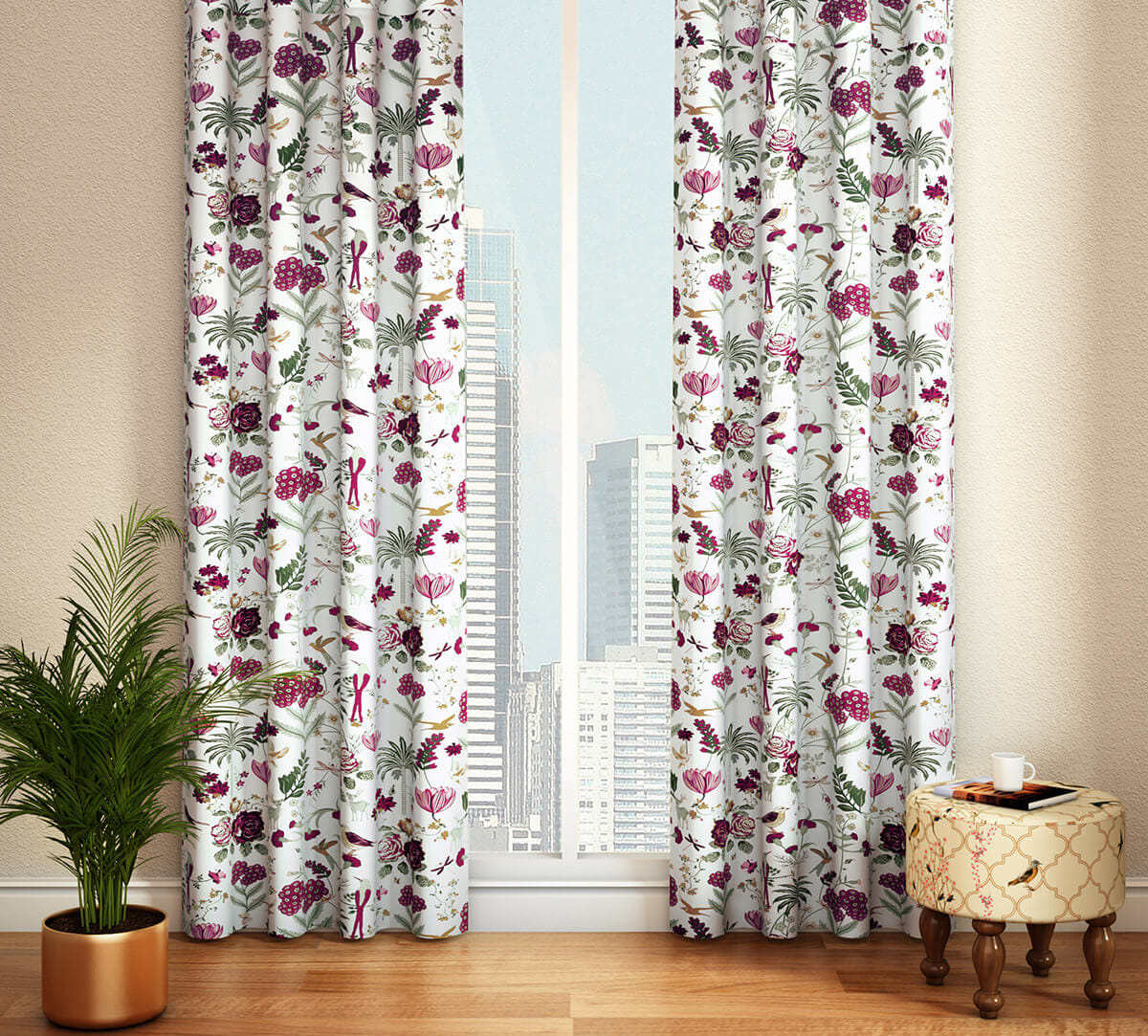 Grey Floral Galore Full Length Curtain