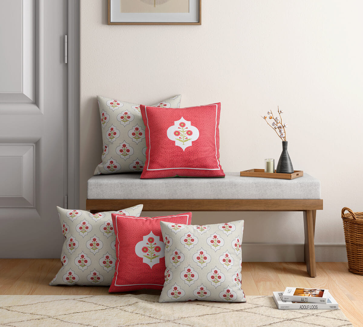 Grey Poppy Flower Satin Blend Cushion Cover Set of 5