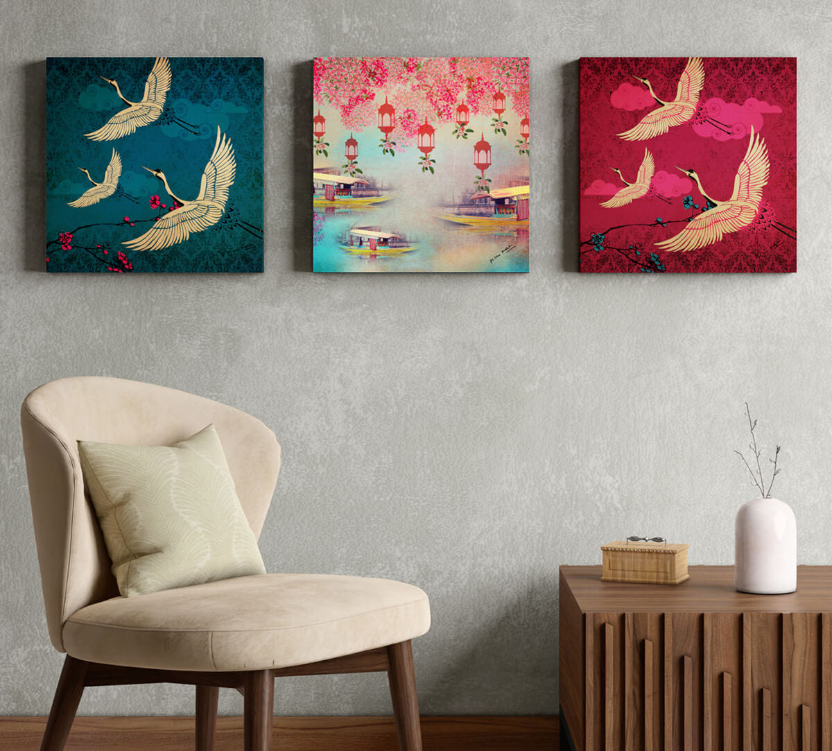 Lakeside Crane Flight Canvas Wall Art Set of 3