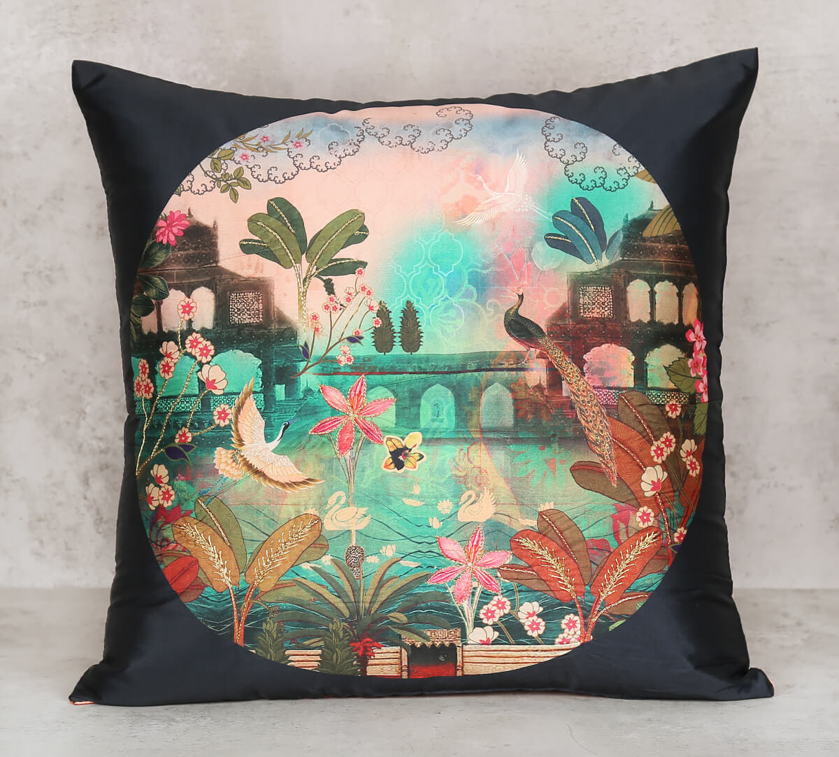 Of Feathers and Blooms Embroidered Cushion Cover