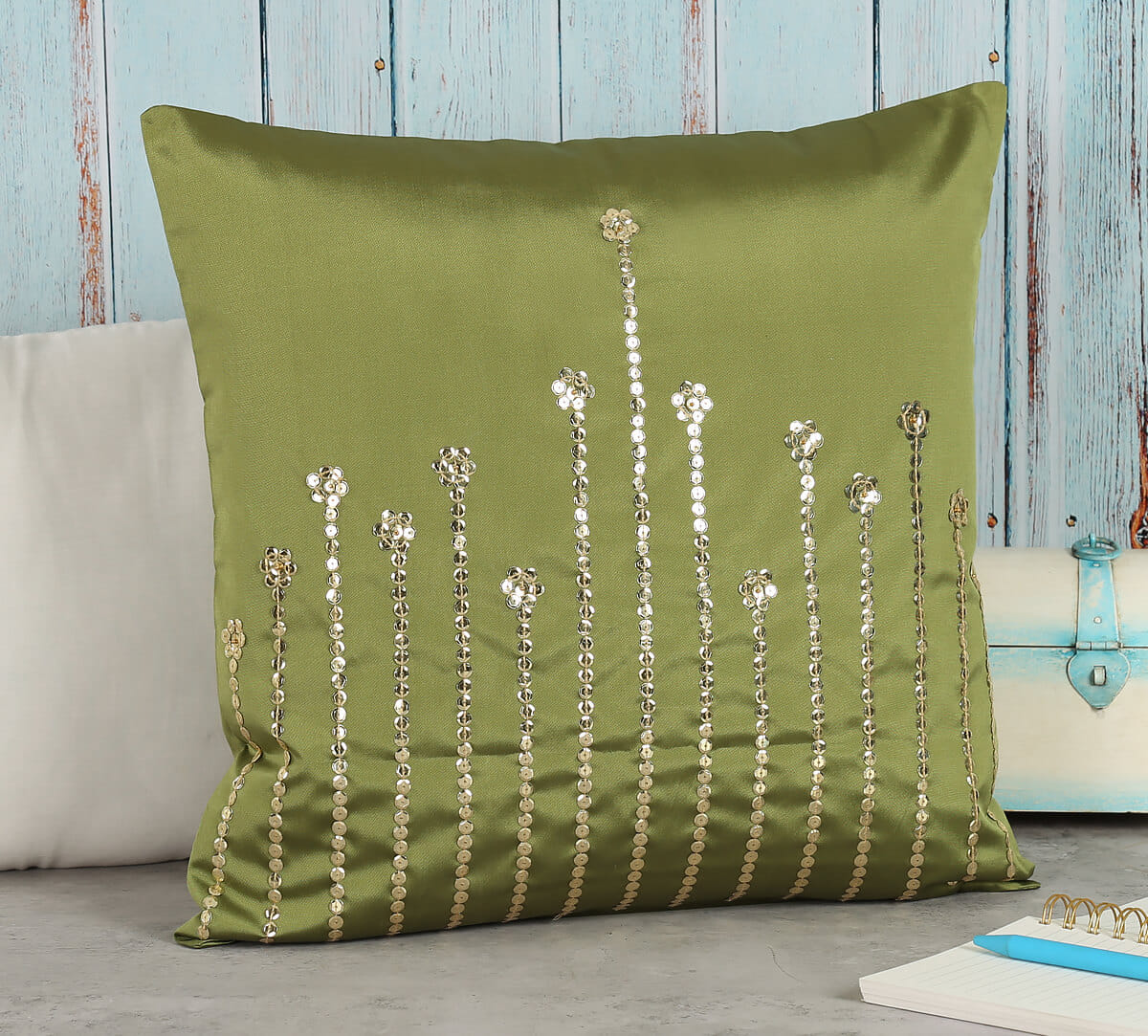 Olive Green Embellished Cushion Cover
