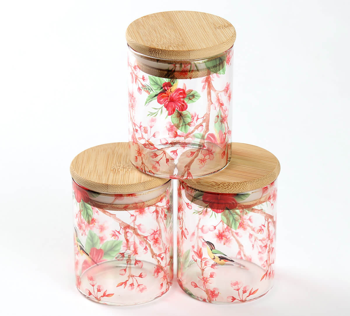 Perching Floral Paradise Glass Jars Set of 3