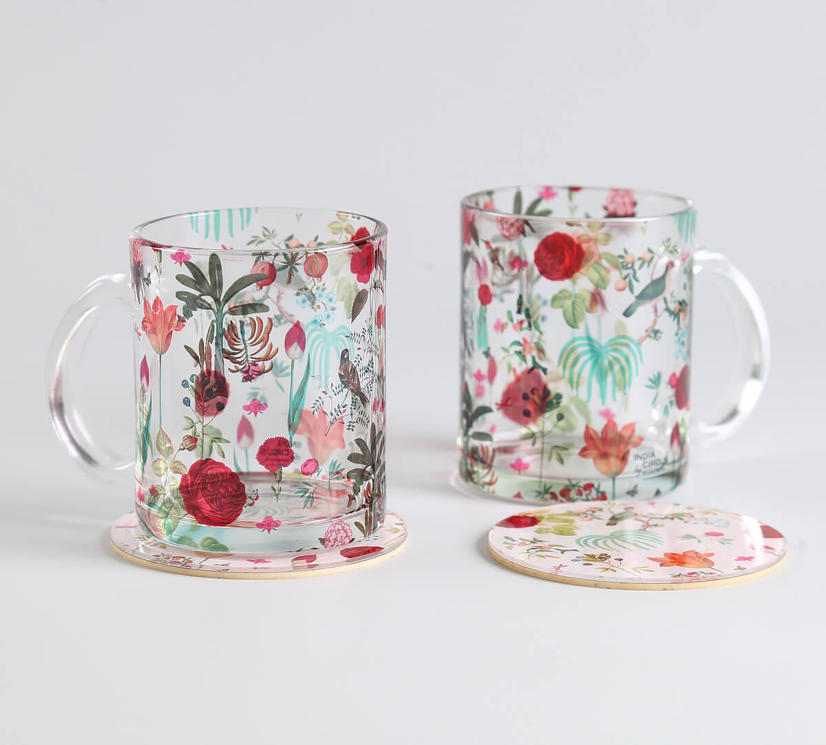 Petal and Plume Glass Mugs & Coasters Combo Set of 2