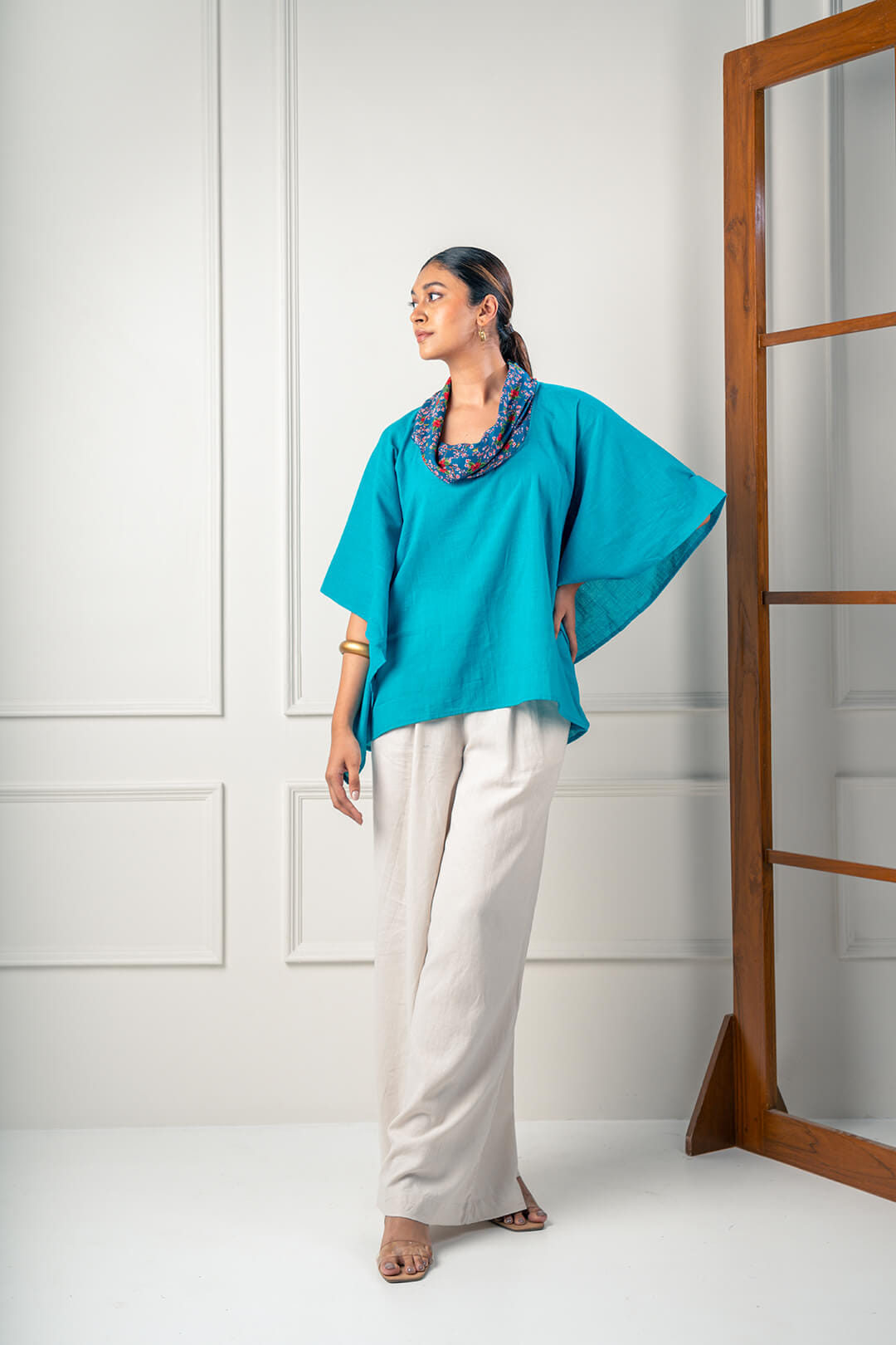 Purssian Perching Floral Paradise Cowl Neck Top