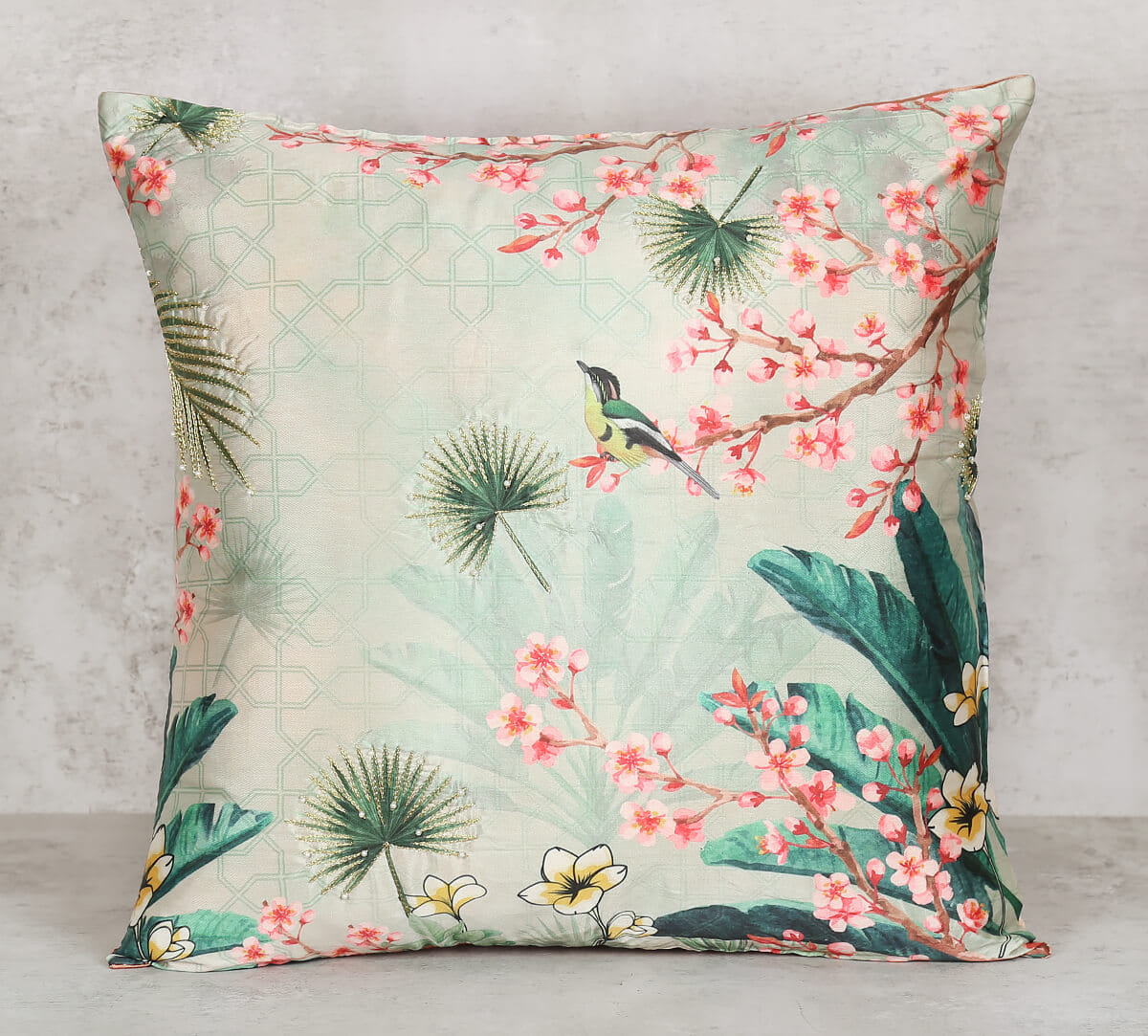 Spring Bloom Embroidered Cushion Cover