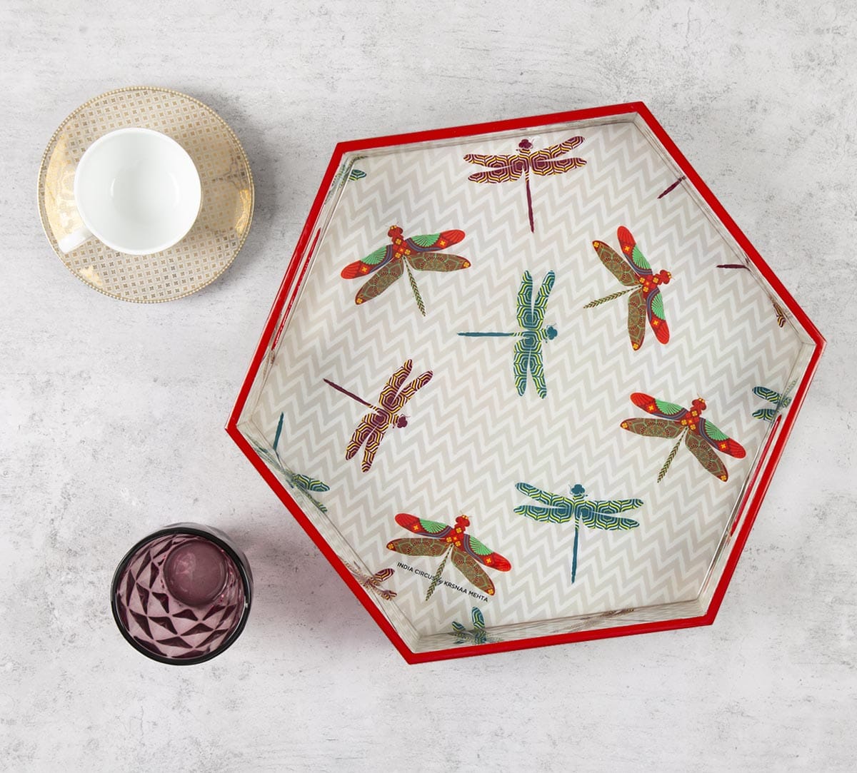 Chevron Dragonflies Hexagon Serving Tray