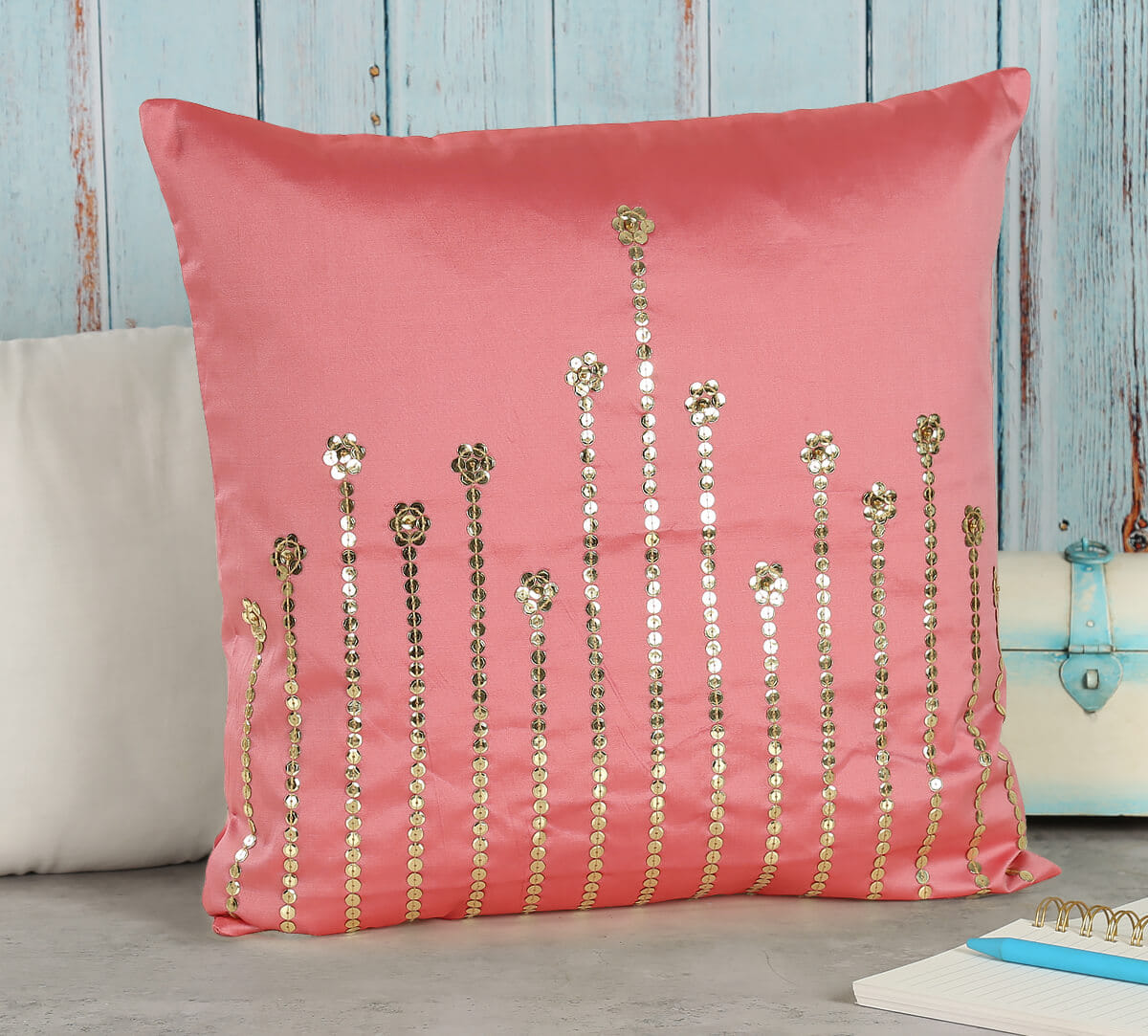Coral Embellished Cushion Cover