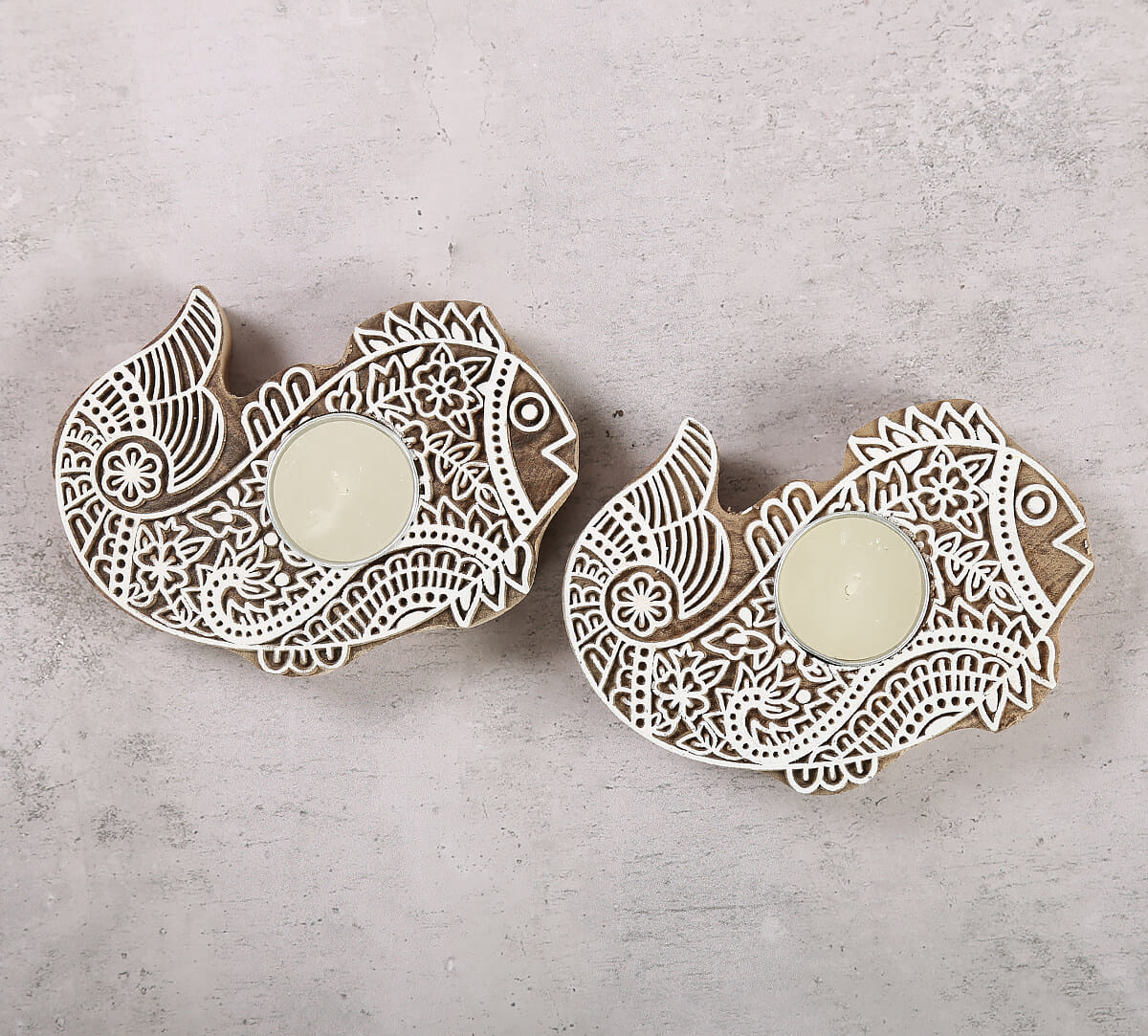 Fish Shaped Wooden Engraved Tea Light Holder Set of 2
