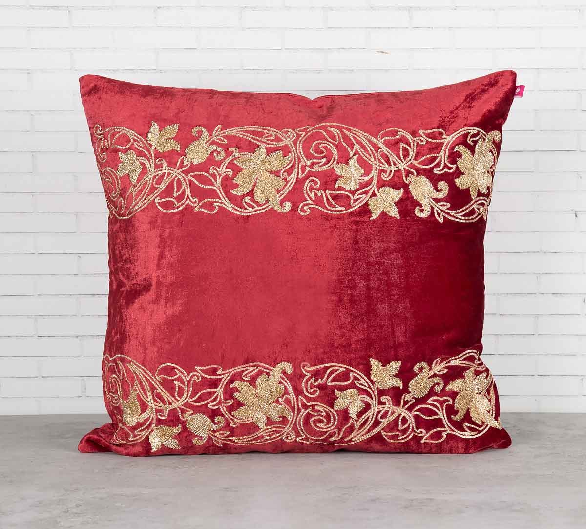 Floral Bandage Crimson Embroidered Velvet Cushion Cover