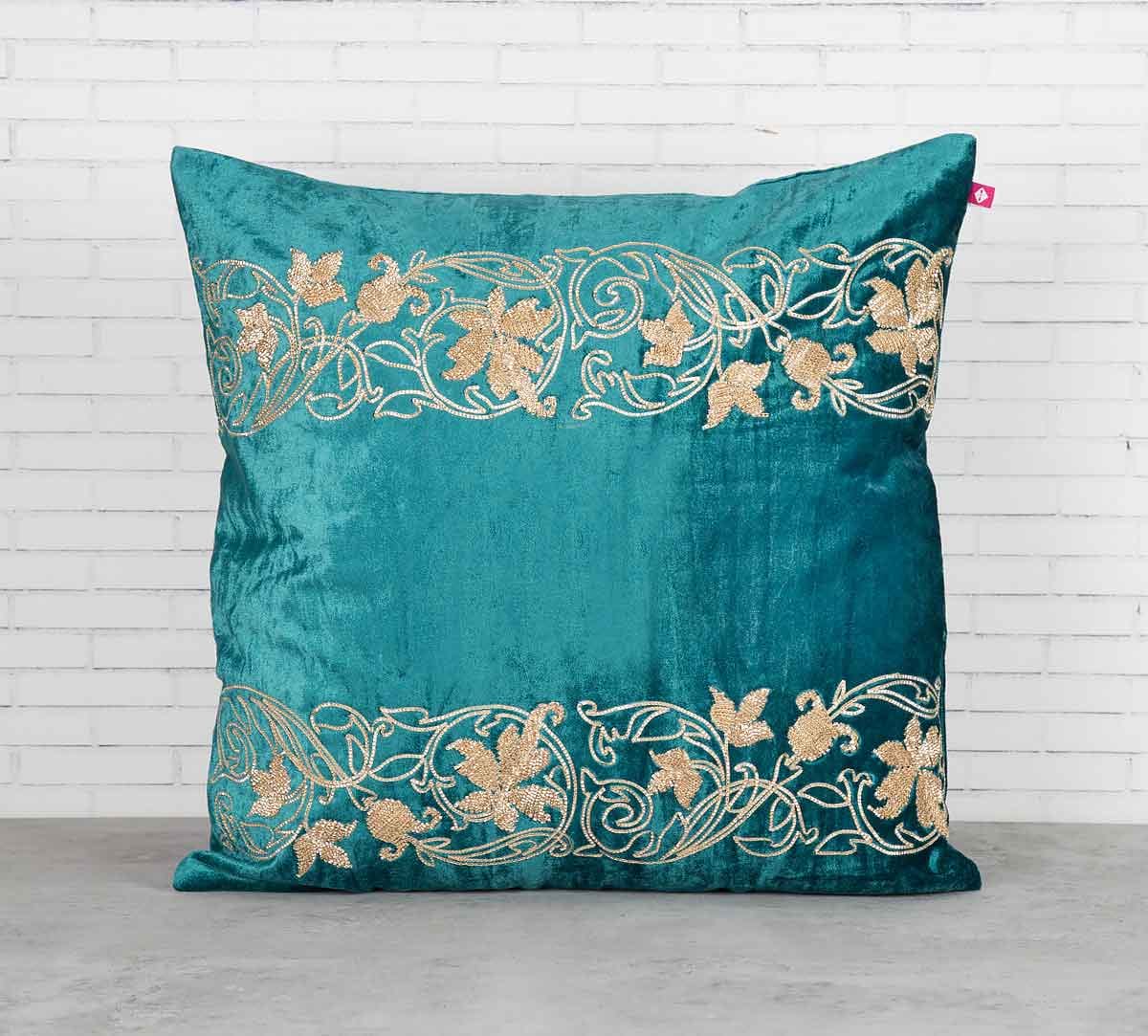 Floral Bandage Peacock Green Embroidered Velvet Cushion Cover