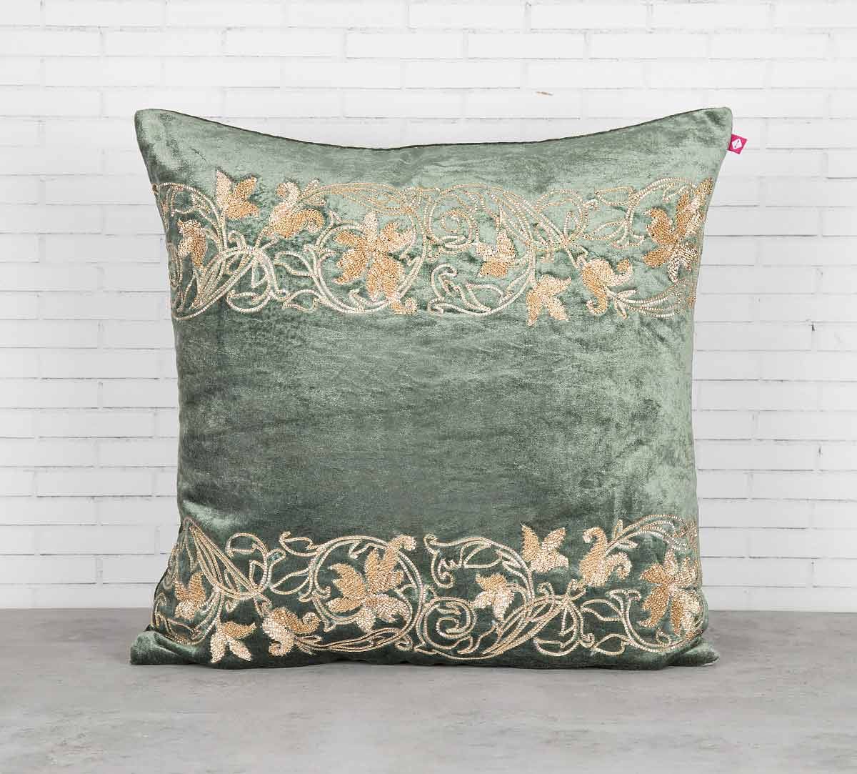 Floral Bandage Siege Green Embroidered Velvet Cushion Cover
