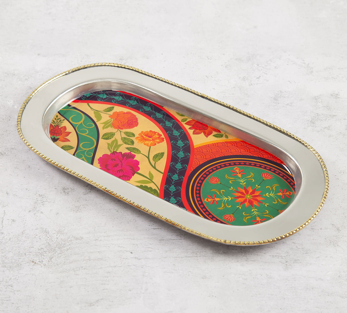 Floral Embroidery Steel Serving Tray