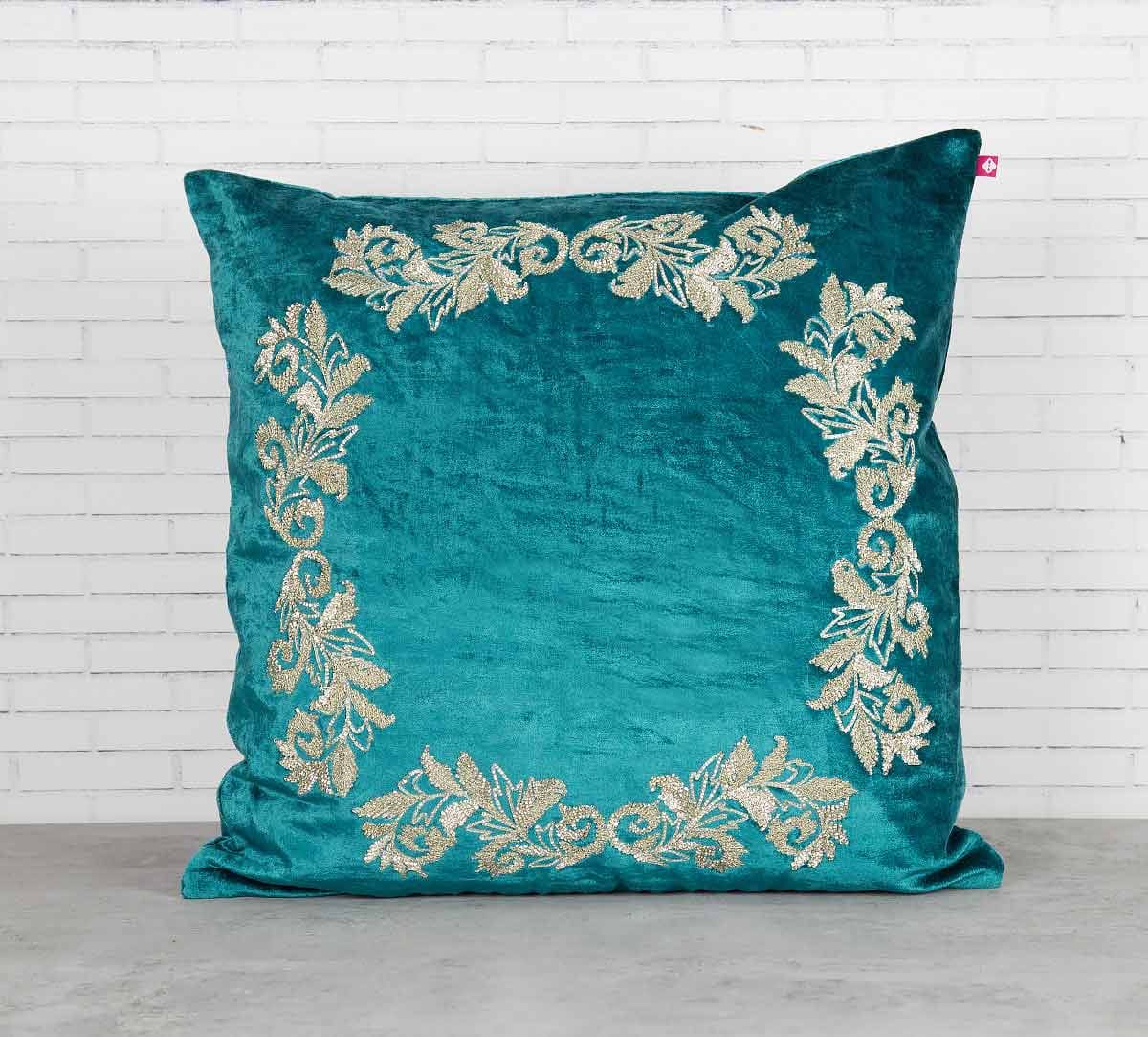Floral Enigma Peacock Green Embroidered Velvet Cushion Cover
