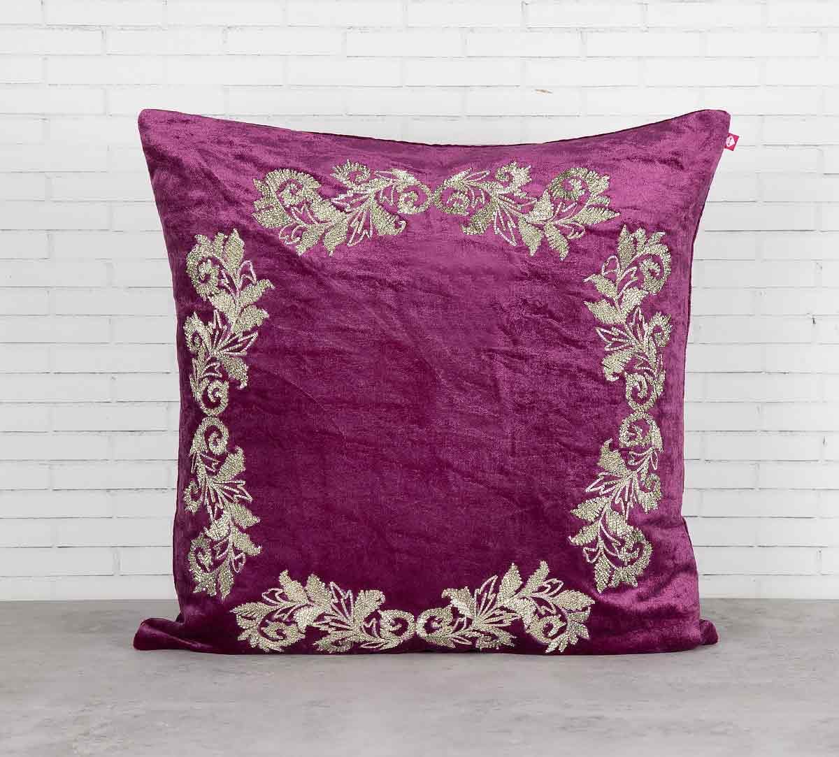 Floral Enigma Purple Embroidered Velvet Cushion Cover