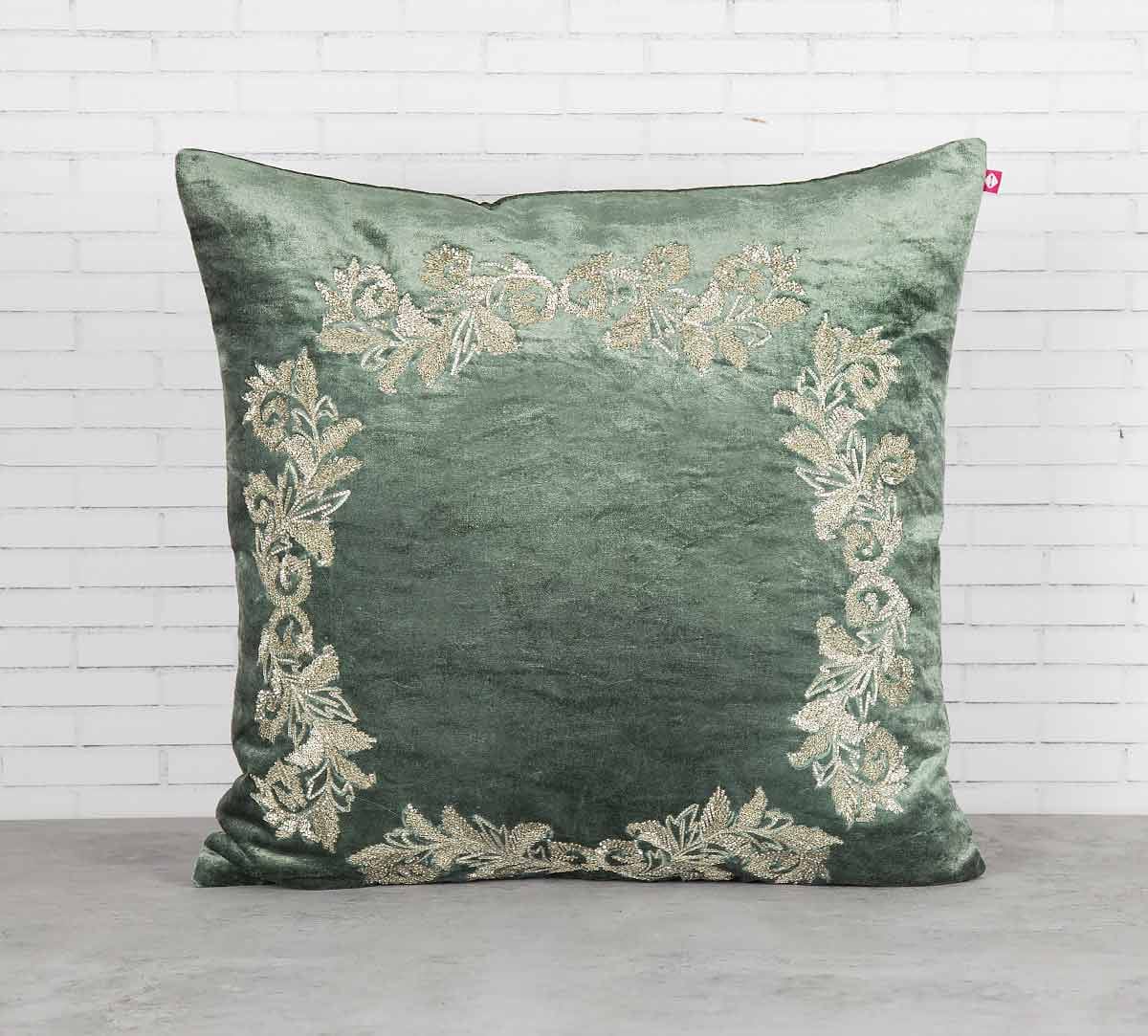 Floral Enigma Siege Green Embroidered Velvet Cushion Cover