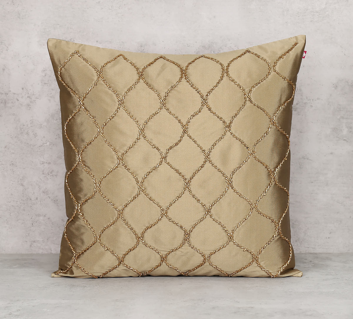 Gold Bead Hand Work Beige Cushion Cover