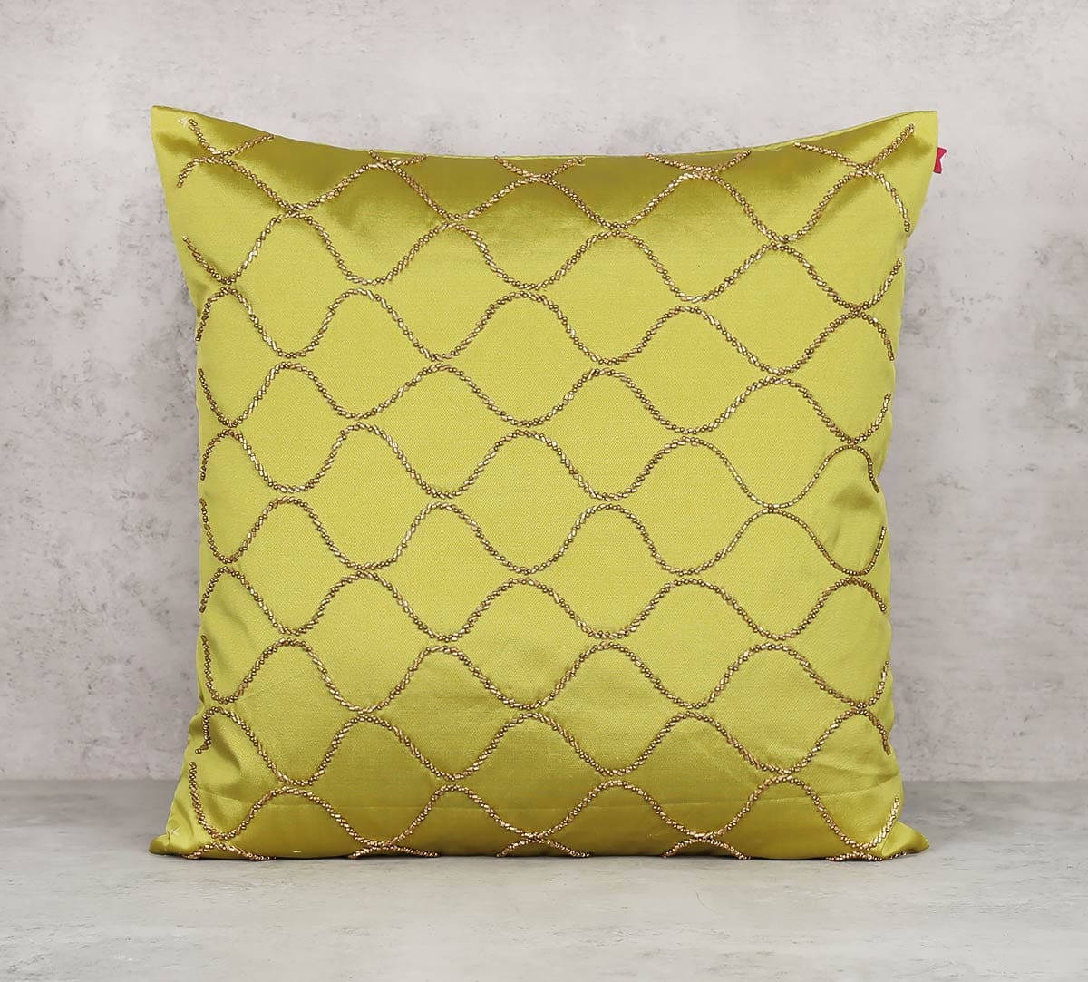 Gold Bead Hand Work Olive Green Cushion Cover