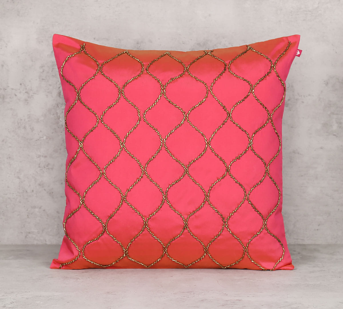 Gold Bead Hand Work Pink Cushion Cover