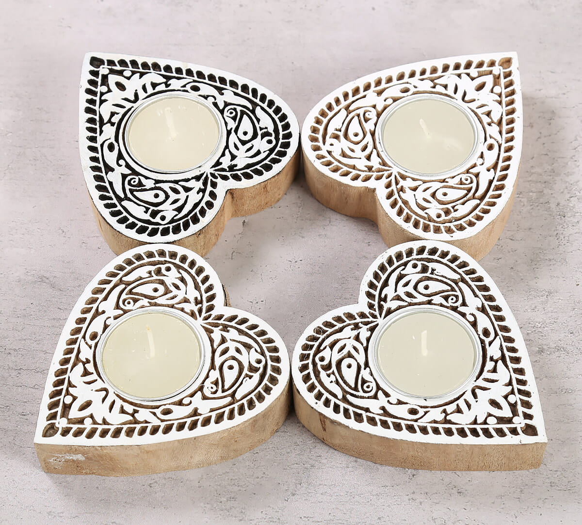 Heart Shaped Wooden Engraved Tea Light Holder Set of 4