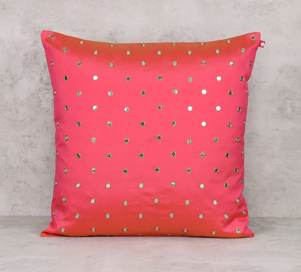 Mirror Hand Work Pink Cushion Cover
