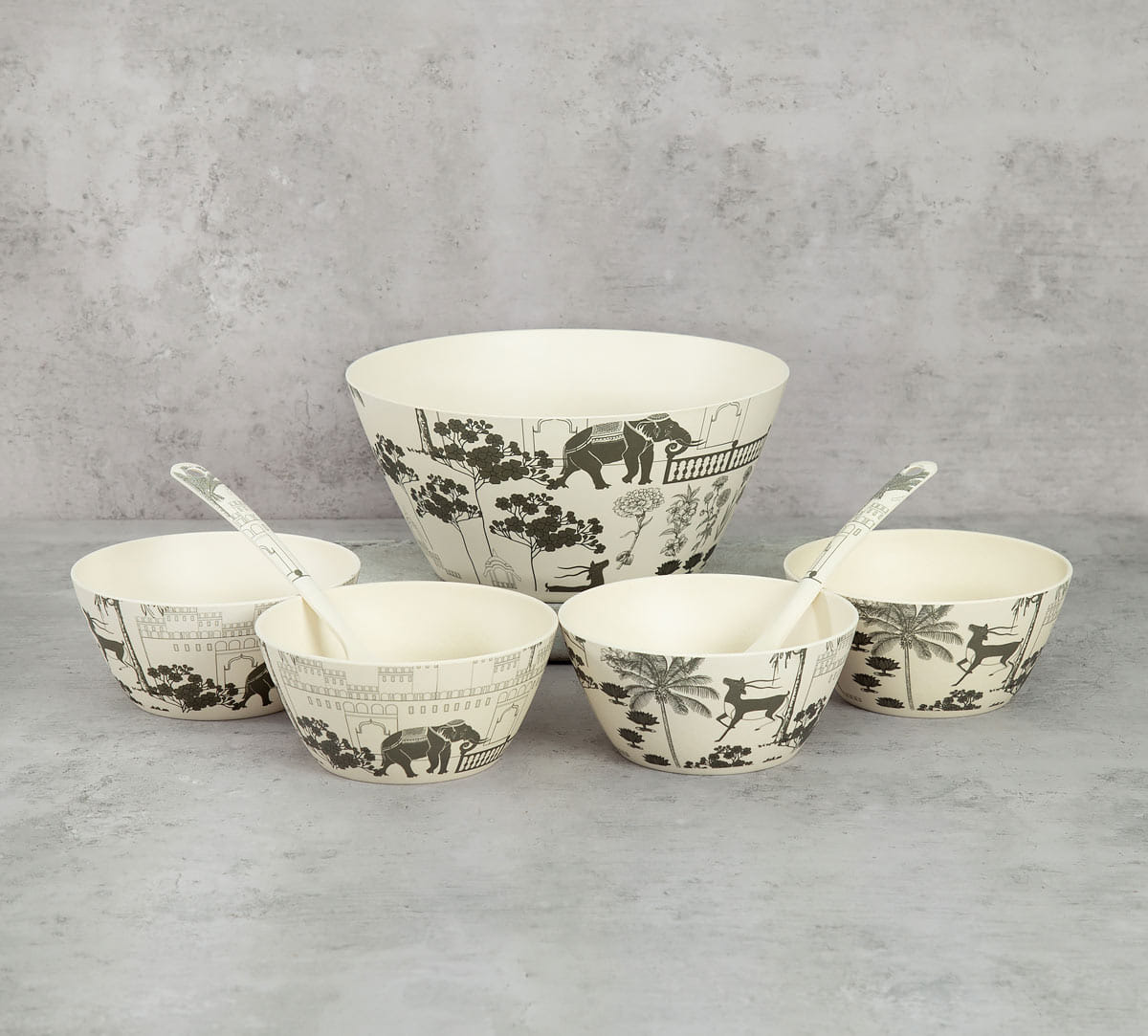Monochrome Palatial Courtyard Bamboo Salad Bowl Set