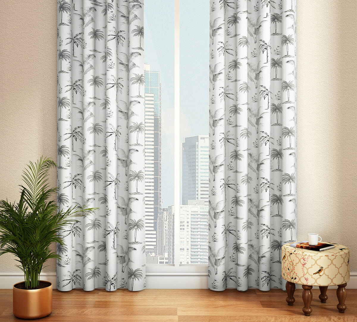 Monochrome Palms Full Length Curtain