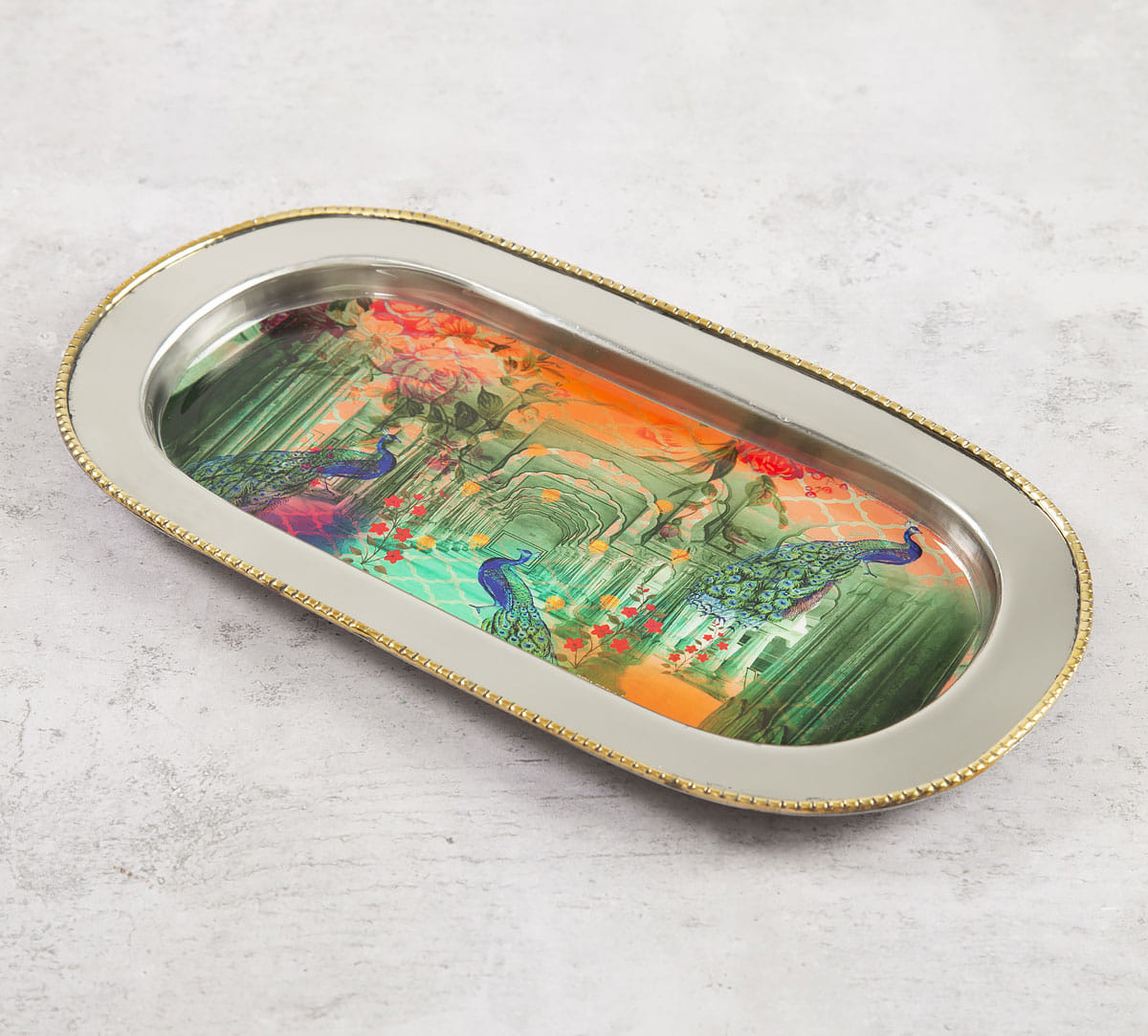 Peacock Dwar Steel Serving Tray