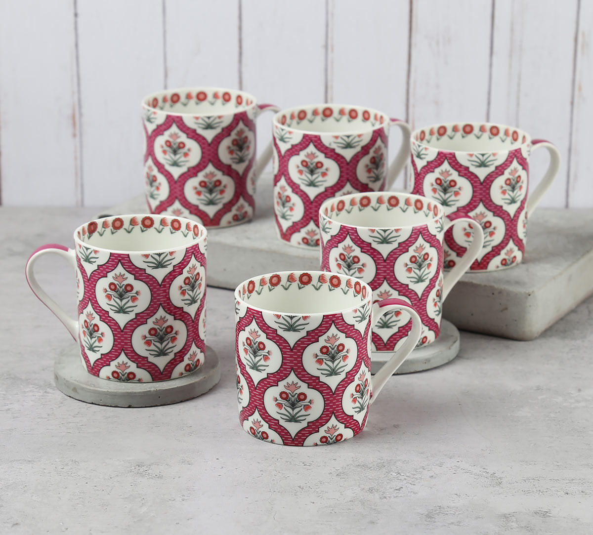 Pink Lattice Motifs Coffee Mugs Set of 6