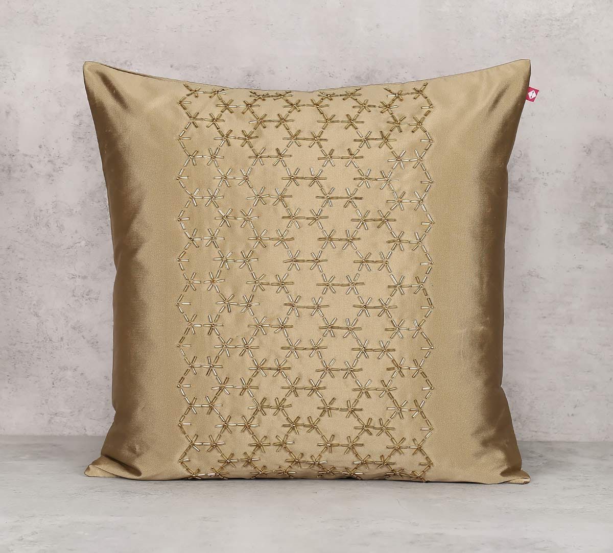 Rice Bead Hand Work Beige Cushion Cover