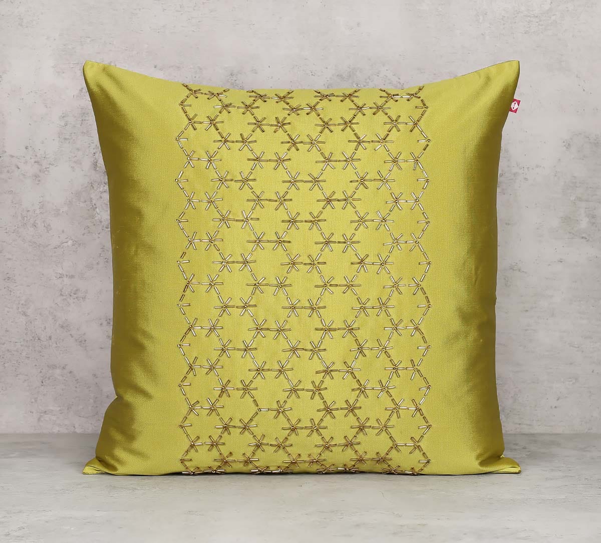 Rice Bead Hand Work Olive Green Cushion Cover