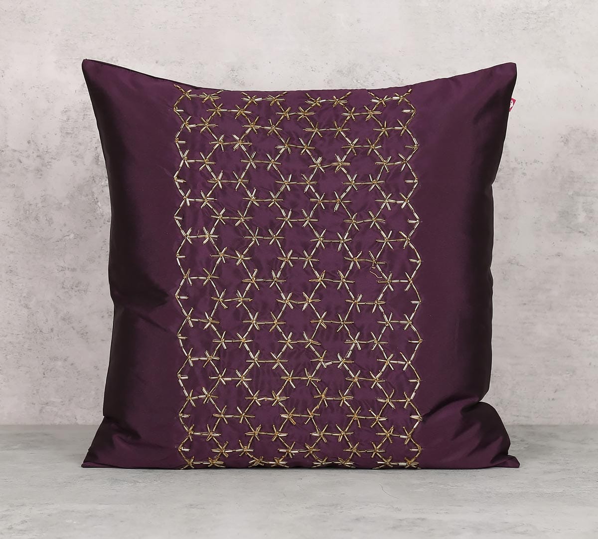 Rice Bead Hand Work Purple Cushion Cover
