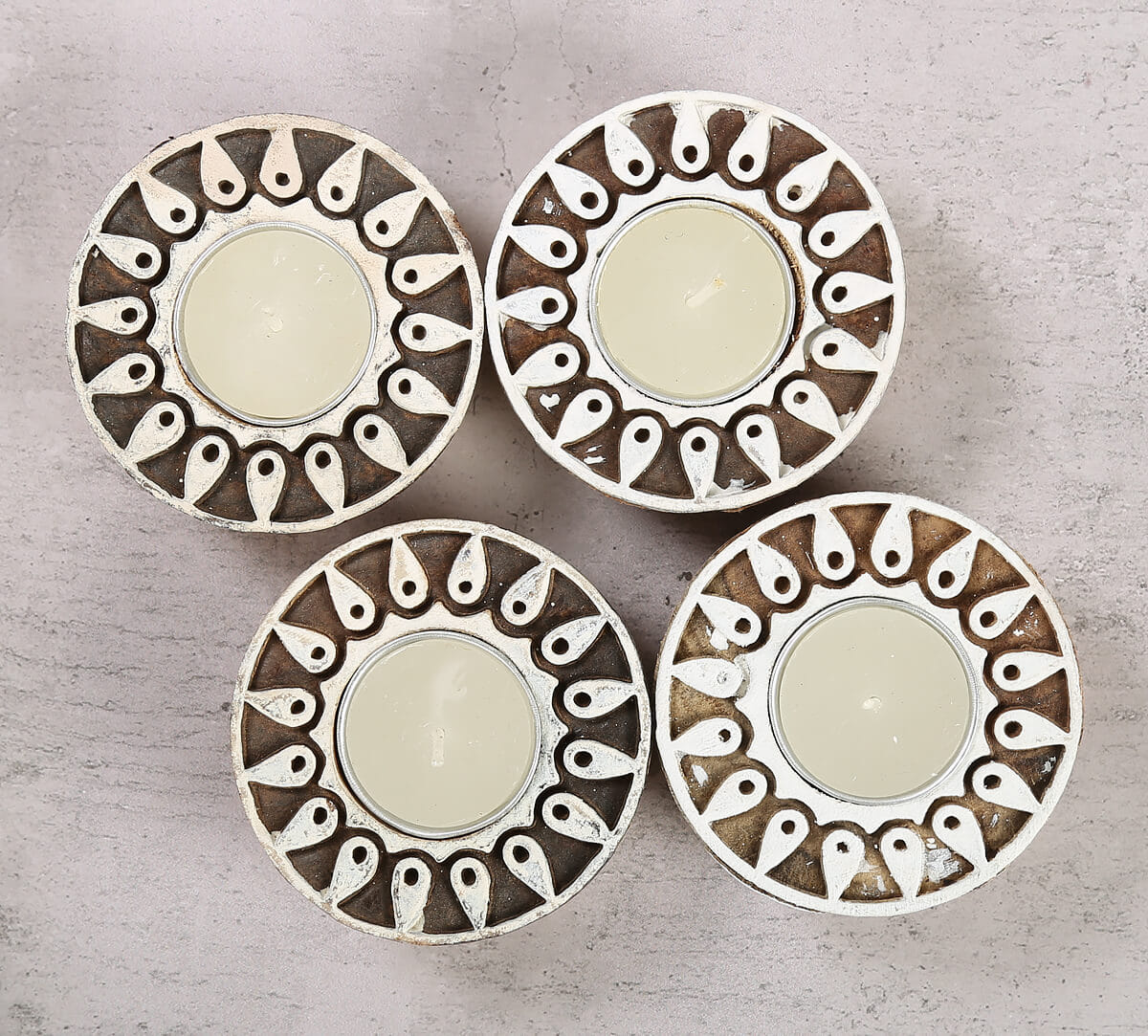 Round Shaped Wooden Engraved Tea Light Holder Set of 4