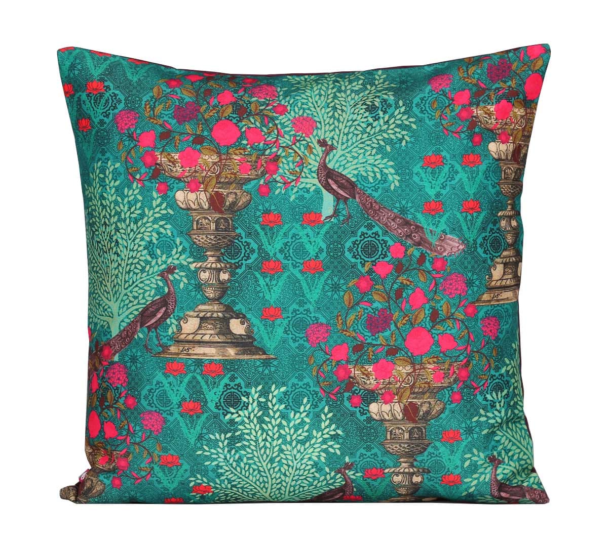 Sea Green Floral Pillar Crest Canvas Cushion Cover