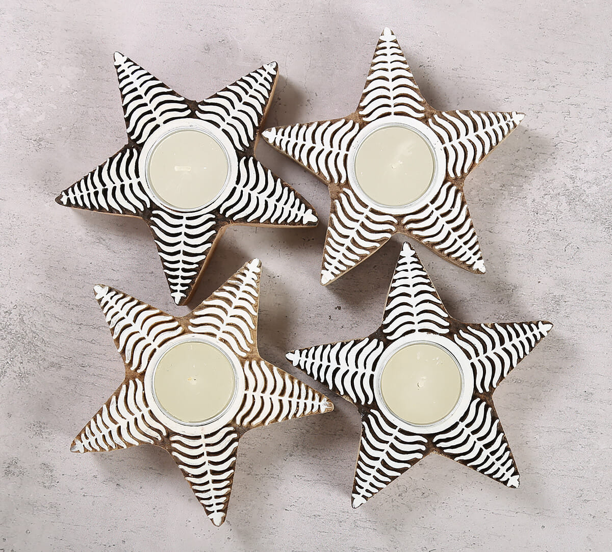 Star Shaped Wooden Engraved Tea Light Holder Set of 4
