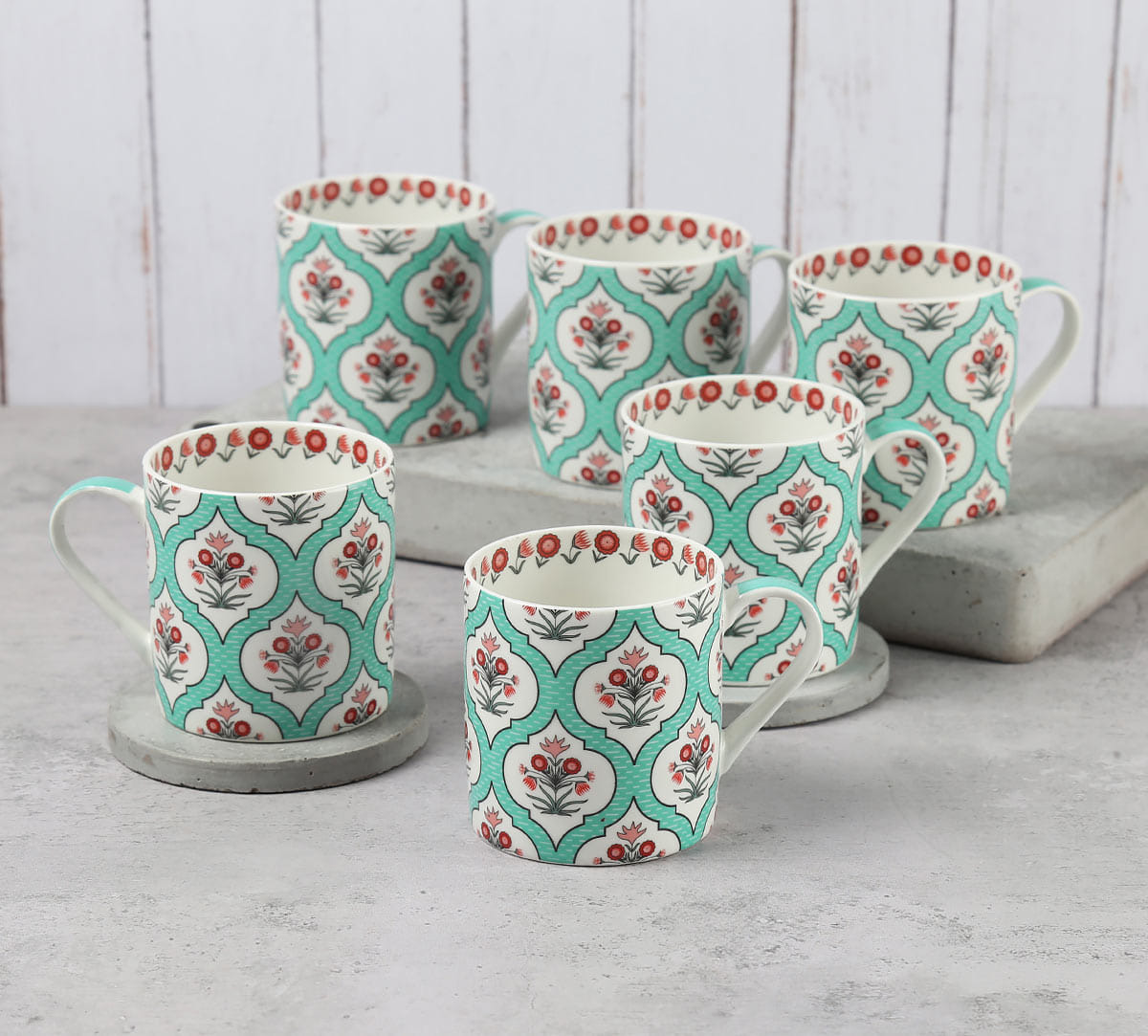 Teal Lattice Motifs Coffee Mugs Set of 6