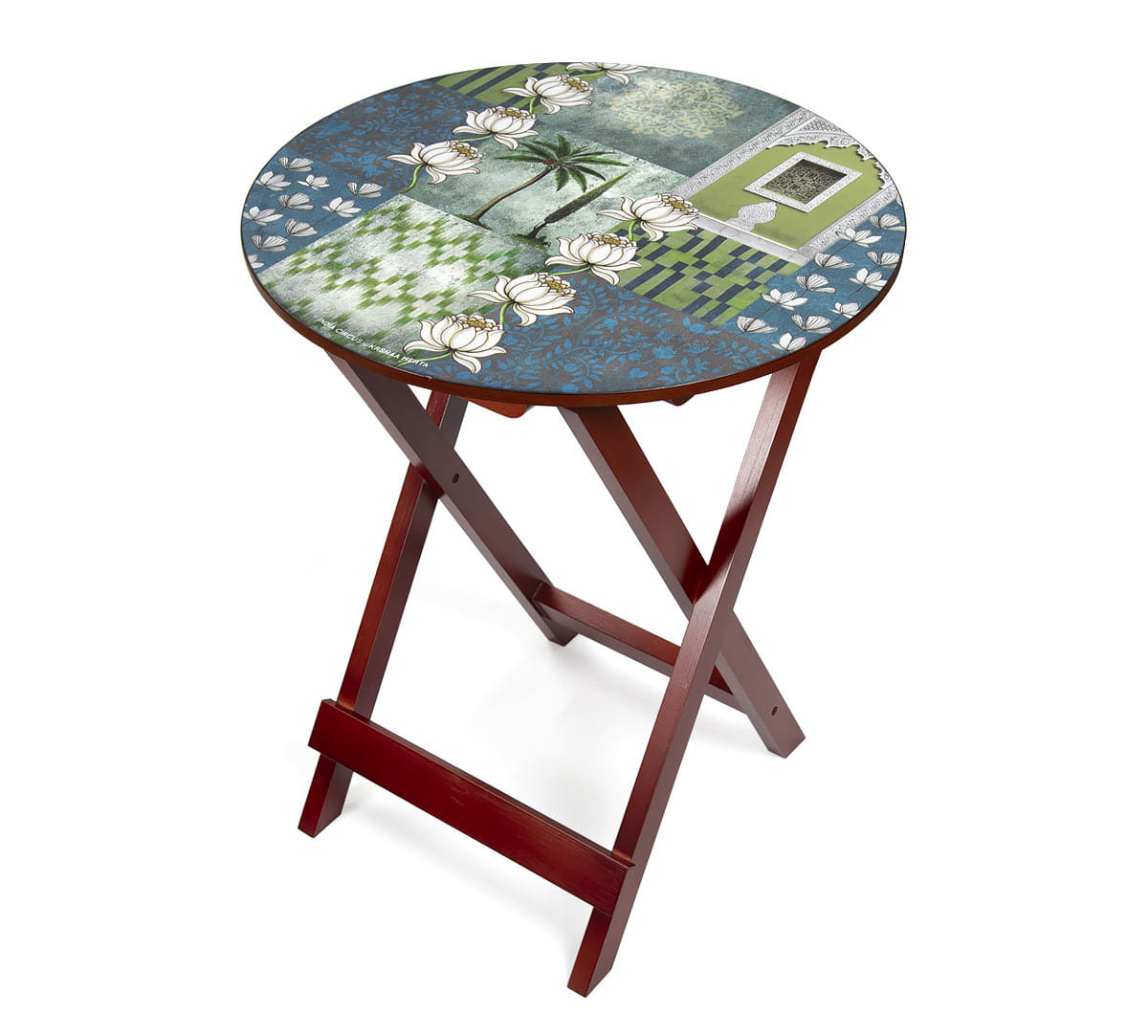 Teal Tiled Lotus Extravaganza Round Side Table